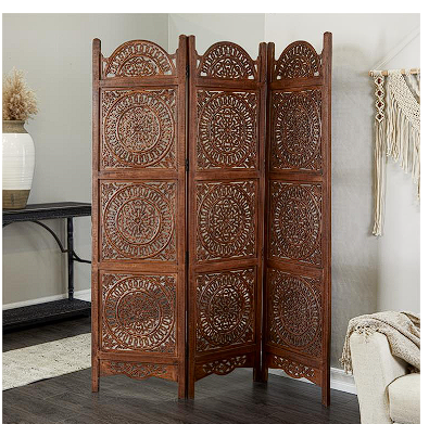 BROWN WOOD FLORAL HINGED FOLDABLE PARTITION 3 PANEL ROOM DIVIDER SCREEN WITH INTRICATELY CARVED DESIGNS, 60" X 1" X 72"