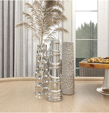 SILVER CERAMIC VASE WITH VARYING PATTERNS