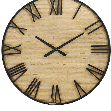 LIGHT BROWN WOODEN WALL CLOCK WITH BLACK METAL NUMBERS AND FRAME, 28" X 2" X 28"