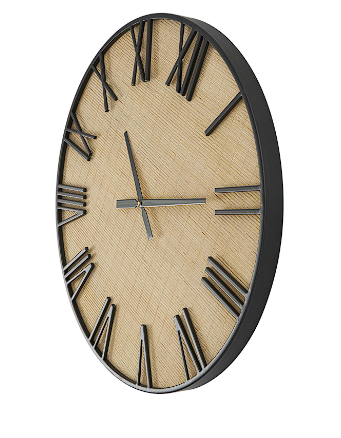 LIGHT BROWN WOODEN WALL CLOCK WITH BLACK METAL NUMBERS AND FRAME, 28" X 2" X 28"