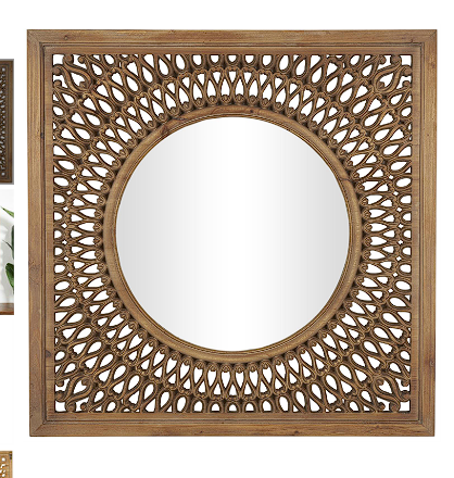 BROWN WOOD WALL MIRROR WITH CARVED SCROLL PATTERN, 40" X 1" X 40