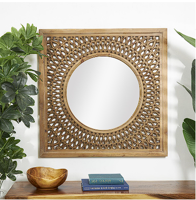 BROWN WOOD WALL MIRROR WITH CARVED SCROLL PATTERN, 40" X 1" X 40