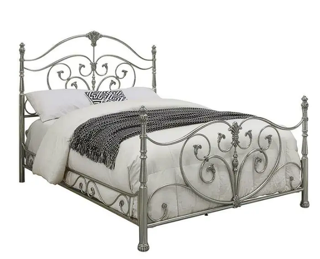 Evita Silver Metal Scrollwork King Bed