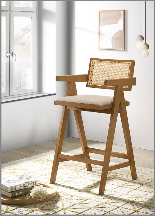 Kane Solid Wood Bar Stool With Woven Rattan Back And Upholstered Seat Light Walnut