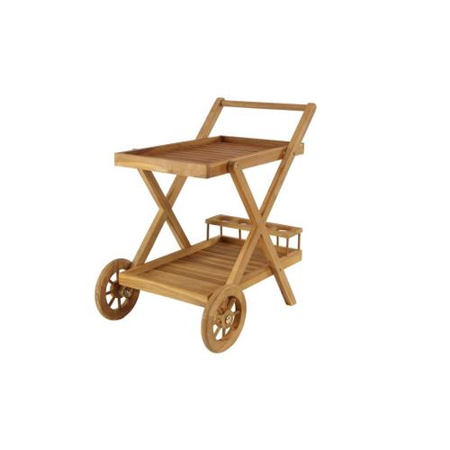 Brown Teak Wood Indoor Outdoor Rolling 2 Shelves Bar Cart with Wheels and Handle,