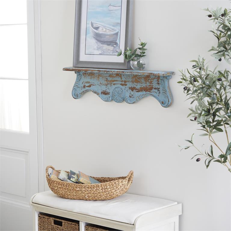 BLUE WOOD SCROLL 1 SHELF WALL SHELF