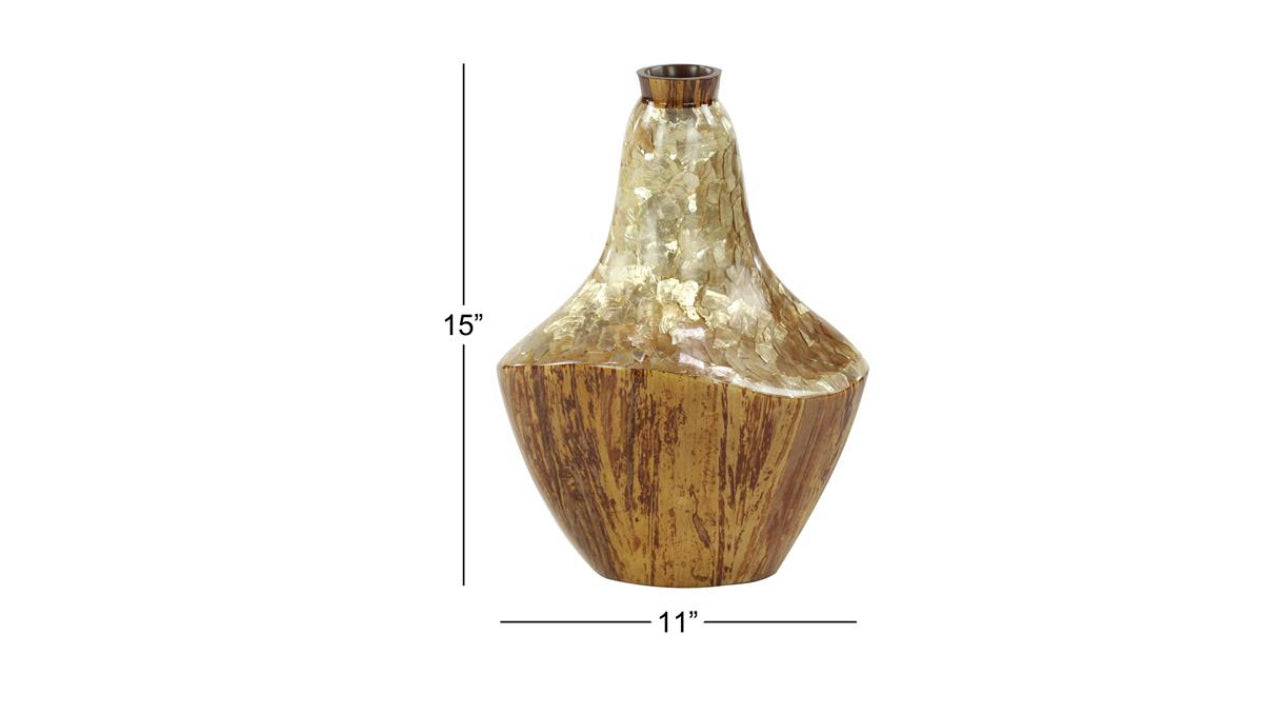LARGE BROWN CAPIZ SHELL & NATURAL BANANA WOOD VASE,
