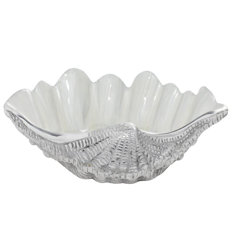 WHITE ALUMINUM SEA LIFE SHELL SERVING BOWL WITH ENAMEL INTERIOR