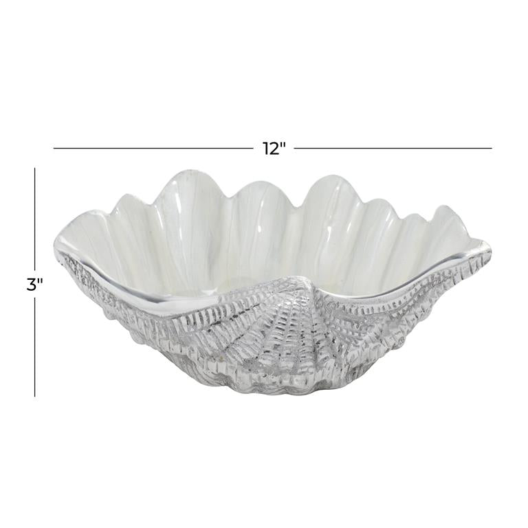 WHITE ALUMINUM SEA LIFE SHELL SERVING BOWL WITH ENAMEL INTERIOR