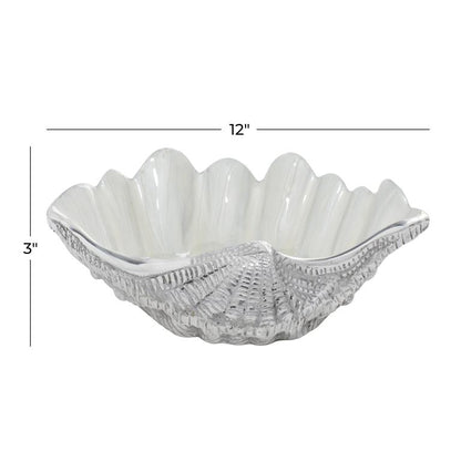 WHITE ALUMINUM SEA LIFE SHELL SERVING BOWL WITH ENAMEL INTERIOR