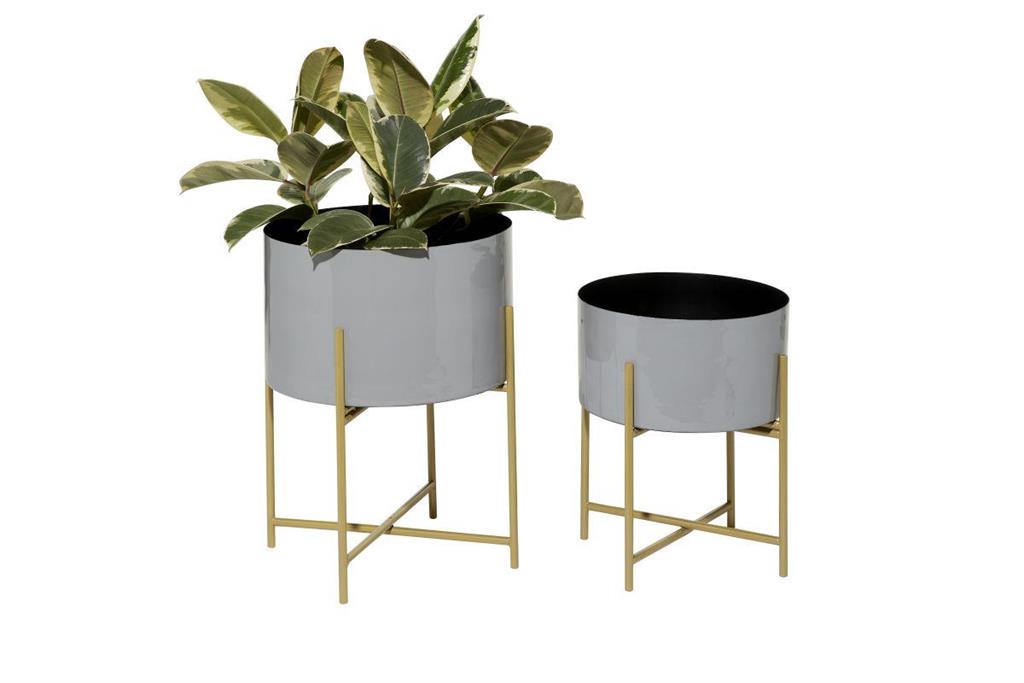 GRAY METAL INDOOR OUTDOOR PLANTER WITH REMOVABLE GOLD STAND