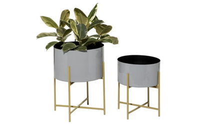 GRAY METAL INDOOR OUTDOOR PLANTER WITH REMOVABLE GOLD STAND