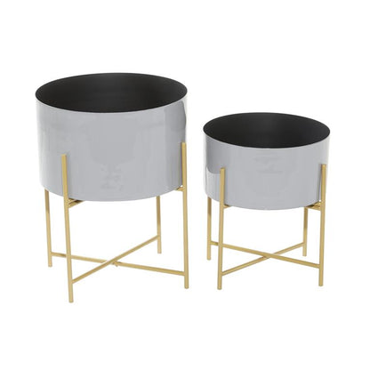 GRAY METAL INDOOR OUTDOOR PLANTER WITH REMOVABLE GOLD STAND