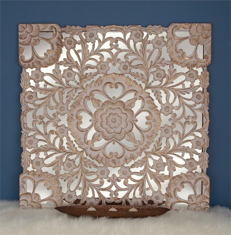 WHITE WOOD TRADITIONAL MIRRORED FLORAL WALL DECOR