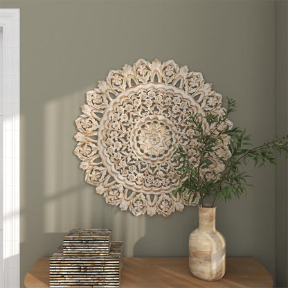 WHITE WOOD FLORAL HANDMADE INTRICATELY CARVED MANDALA WALL DECOR