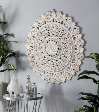 WHITE WOOD FLORAL HANDMADE INTRICATELY CARVED MANDALA WALL DECOR