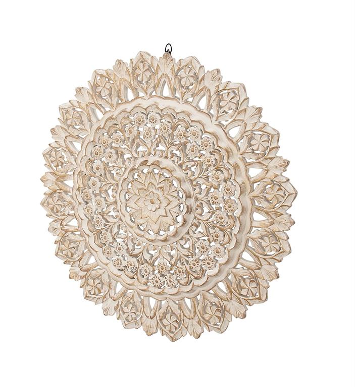 WHITE WOOD FLORAL HANDMADE INTRICATELY CARVED MANDALA WALL DECOR