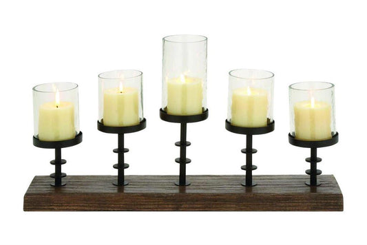 BROWN MANGO WOOD HANDMADE PILLAR 5 PLATE CANDELABRA WITH WOOD BASE