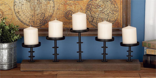 BROWN MANGO WOOD HANDMADE PILLAR 5 PLATE CANDELABRA WITH WOOD BASE