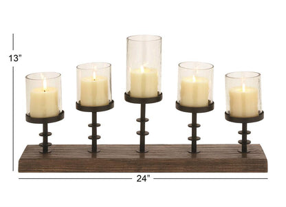BROWN MANGO WOOD HANDMADE PILLAR 5 PLATE CANDELABRA WITH WOOD BASE