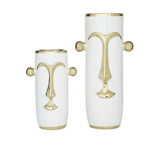 WHITE CERAMIC FACE VASE WITH GOLD DETAILS