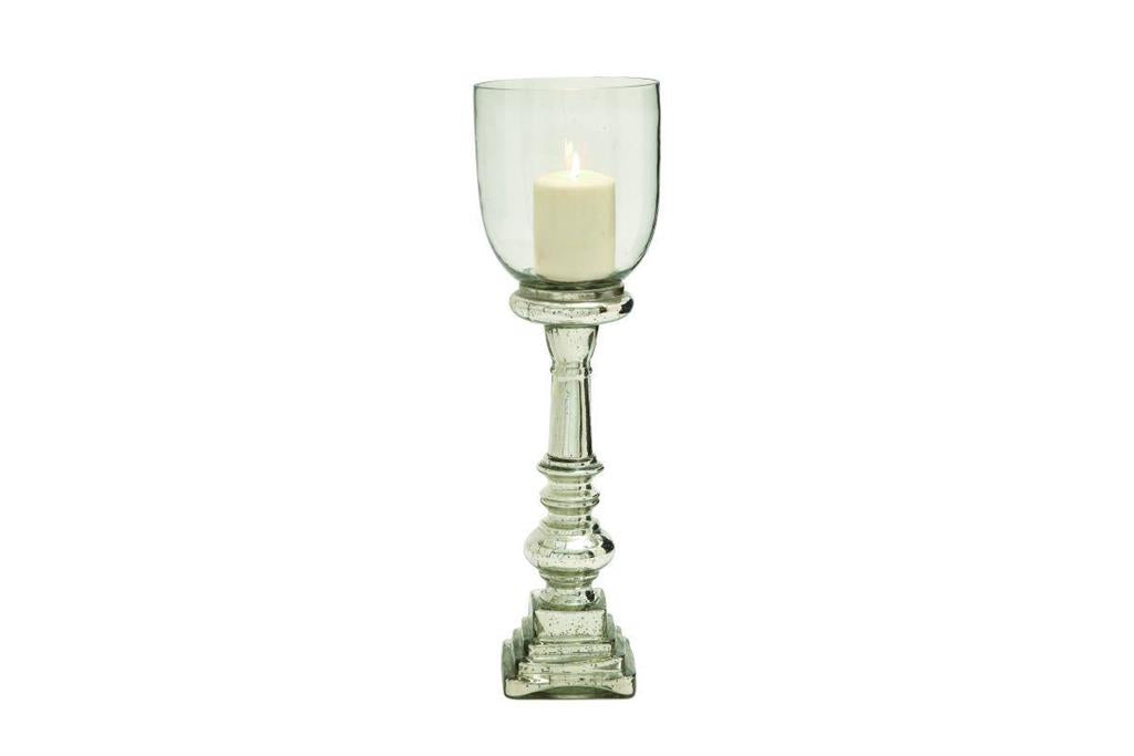 SILVER GLASS HANDMADE TURNED STYLE PILLAR HURRICANE LAMP WITH FAUX MERCURY GLASS FINISH,