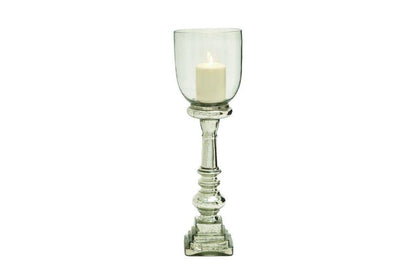SILVER GLASS HANDMADE TURNED STYLE PILLAR HURRICANE LAMP WITH FAUX MERCURY GLASS FINISH,