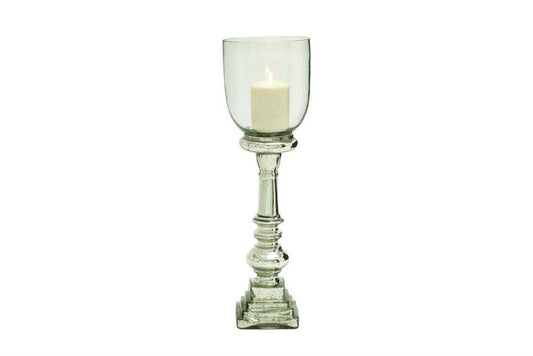 SILVER GLASS HANDMADE TURNED STYLE PILLAR HURRICANE LAMP WITH FAUX MERCURY GLASS FINISH,