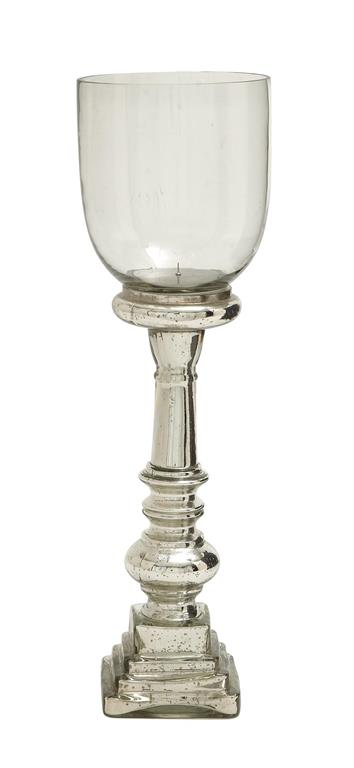 SILVER GLASS HANDMADE TURNED STYLE PILLAR HURRICANE LAMP WITH FAUX MERCURY GLASS FINISH,
