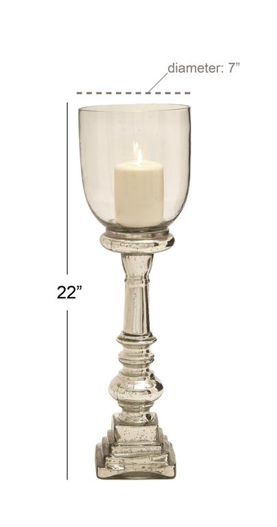 SILVER GLASS HANDMADE TURNED STYLE PILLAR HURRICANE LAMP WITH FAUX MERCURY GLASS FINISH,