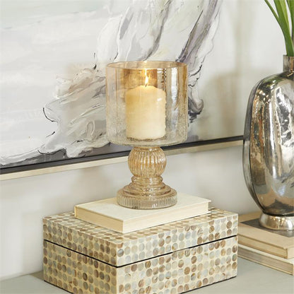 BROWN GLASS HANDMADE TURNED STYLE PILLAR HURRICANE LAMP WITH FAUX MERCURY GLASS FINISH