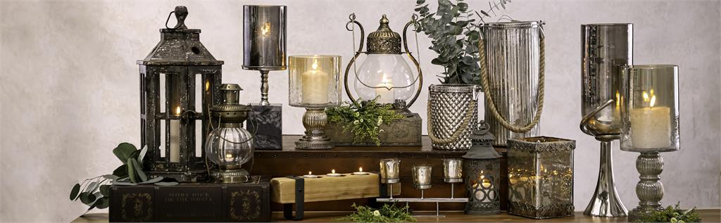 BROWN GLASS HANDMADE TURNED STYLE PILLAR HURRICANE LAMP WITH FAUX MERCURY GLASS FINISH