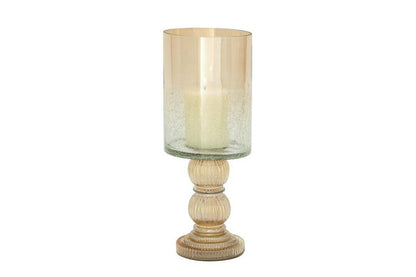 GOLD GLASS HANDMADE TURNED STYLE PILLAR HURRICANE LAMP WITH FAUX MERCURY GLASS FINISH,