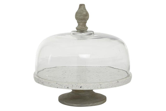 WHITE GLASS AND METAL CONTEMPORARY CAKE STAND WITH CLOCHE