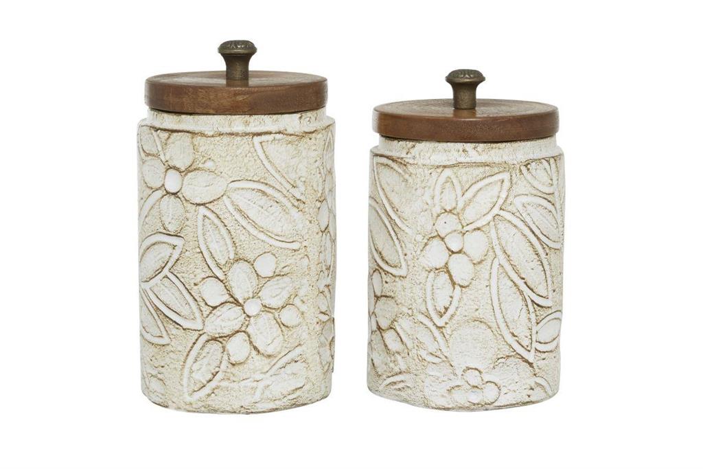 WHITE CERAMIC HANDMADE INTRICATELY CARVED DECORATIVE JARS WITH WOOD LIDS