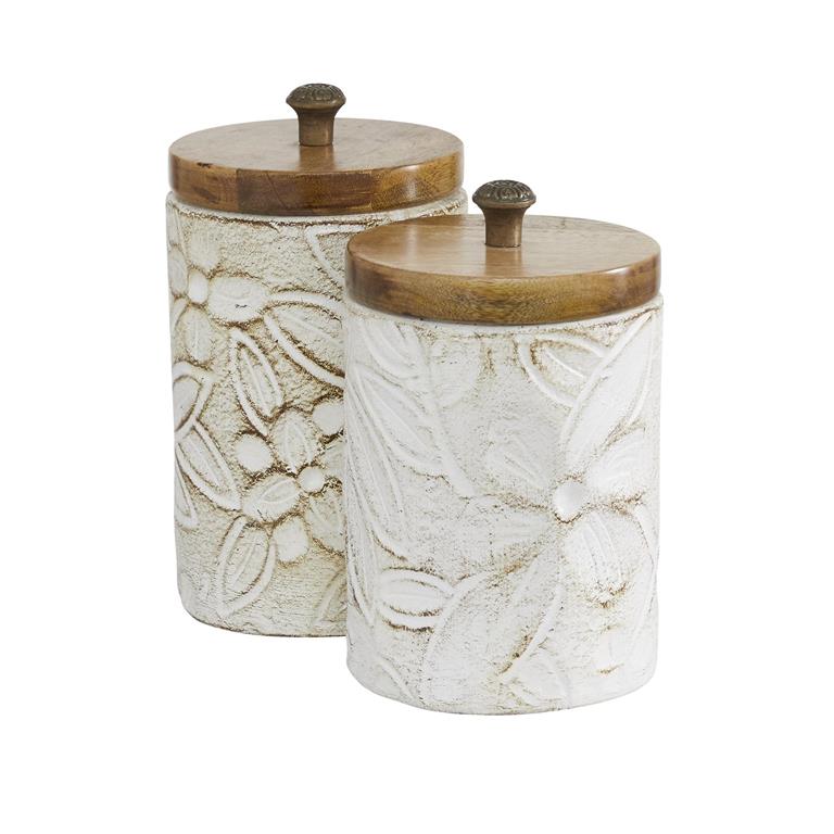 WHITE CERAMIC HANDMADE INTRICATELY CARVED DECORATIVE JARS WITH WOOD LIDS