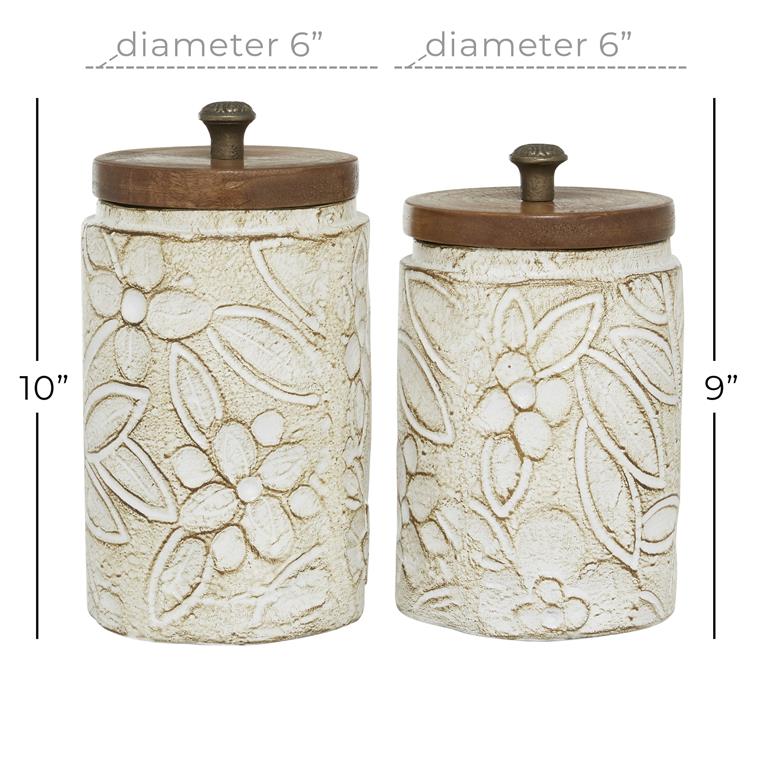 WHITE CERAMIC HANDMADE INTRICATELY CARVED DECORATIVE JARS WITH WOOD LIDS