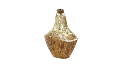 LARGE BROWN CAPIZ SHELL & NATURAL BANANA WOOD VASE,