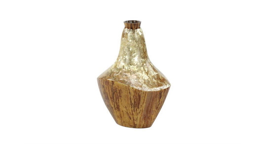 LARGE BROWN CAPIZ SHELL & NATURAL BANANA WOOD VASE,