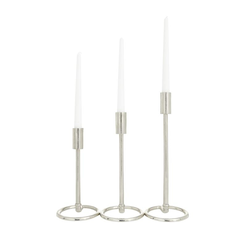 SILVER ALUMINUM TAPERED CANDLE HOLDER WITH RING BASES,