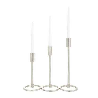 SILVER ALUMINUM TAPERED CANDLE HOLDER WITH RING BASES,