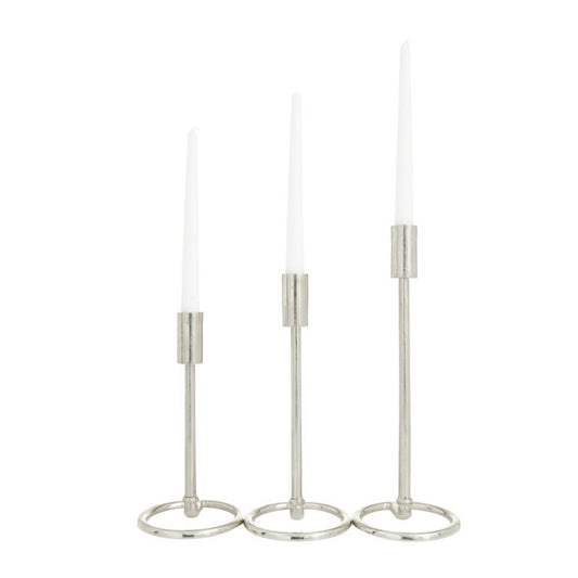 SILVER ALUMINUM TAPERED CANDLE HOLDER WITH RING BASES,