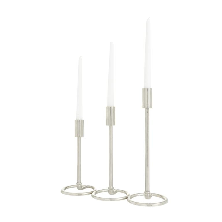 SILVER ALUMINUM TAPERED CANDLE HOLDER WITH RING BASES,
