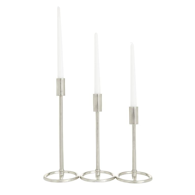 SILVER ALUMINUM TAPERED CANDLE HOLDER WITH RING BASES,