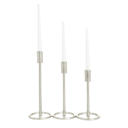 SILVER ALUMINUM TAPERED CANDLE HOLDER WITH RING BASES,