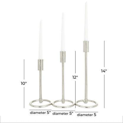 SILVER ALUMINUM TAPERED CANDLE HOLDER WITH RING BASES,