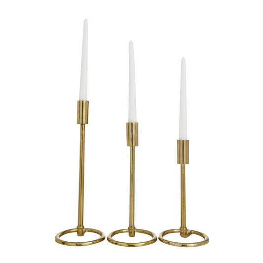 GOLD ALUMINUM TAPERED CANDLE HOLDER WITH RING BASES