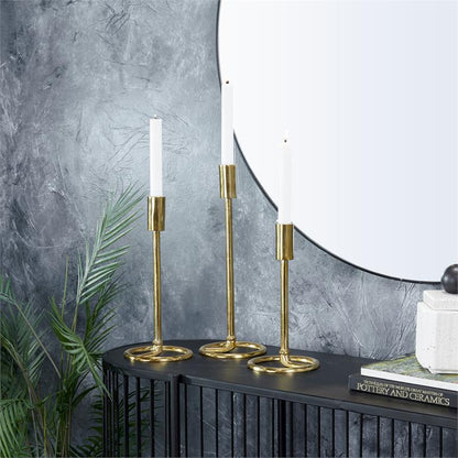 GOLD ALUMINUM TAPERED CANDLE HOLDER WITH RING BASES