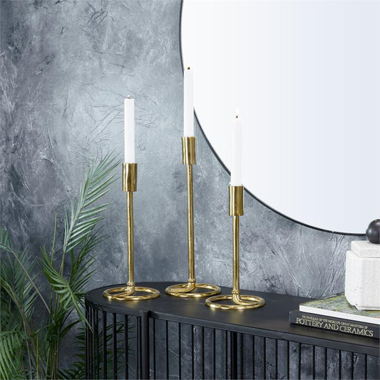 GOLD ALUMINUM TAPERED CANDLE HOLDER WITH RING BASES