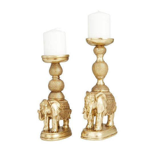 GOLD POLYSTONE ELEPHANT CANDLE HOLDER, SET OF 2 13", 11"H